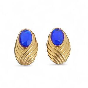 Elizabeth Arden Gold-Tone Clip On Earrings with Deep Blue Oval Glass Gemstones